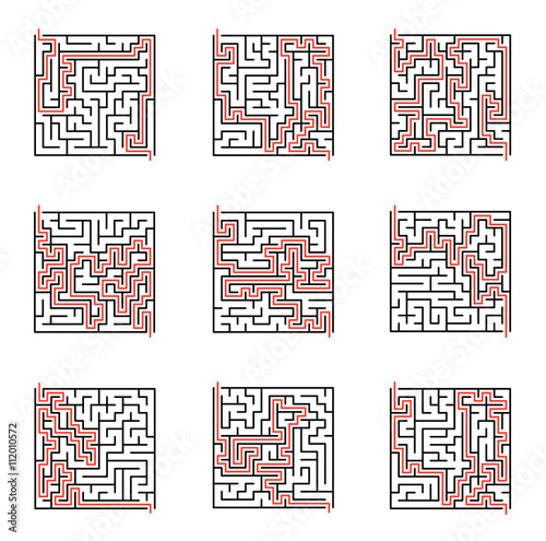 Vector maze set, labyrinth illustration with solution.