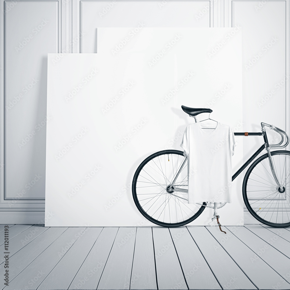 Photo White Room Interior Modern Studio House with Classic bicycle.Empty Canvas on Wood Floor.Blank Tshirt hanging Bike. Square mockup. Photo White Room Interior Modern Studio House with Classic bicycle.Empty Canvas on Wood Floor.Blank Tshirt hanging Bike. Square mockup.