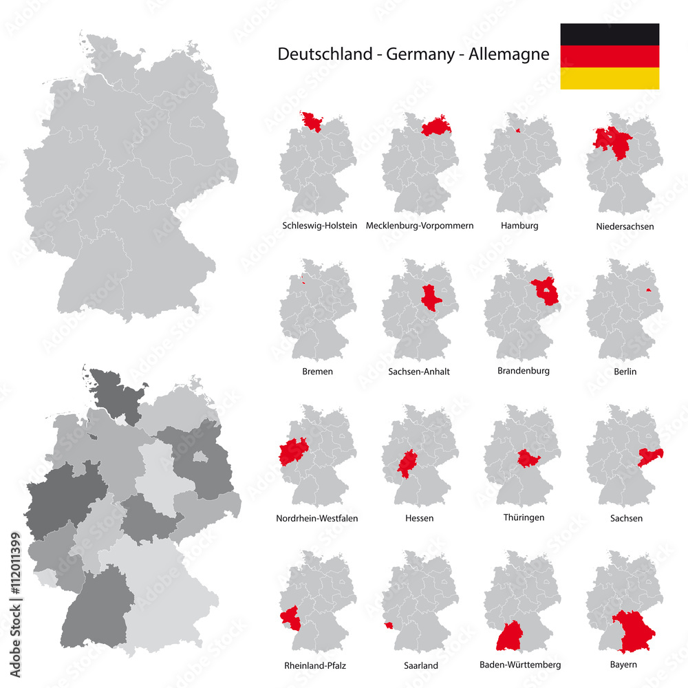 Deutschland und Bundesländer, detaillierte Umriss Karten Векторный объект  Stock | Adobe Stock