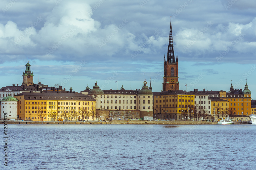 Panorama of the center of Stockholm, Gamla Stan, with water in the foreground