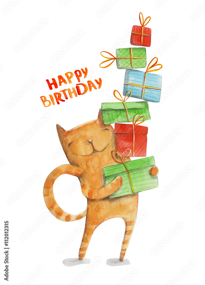 Cat With Gift Boxes Happy Birthday Watercolor Illustration Stock Cat With Gift Boxes Happy Birthday Watercolor Illustration Stock