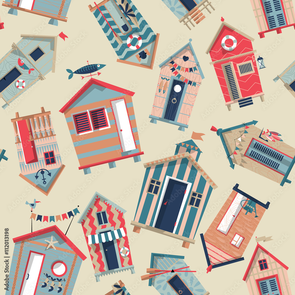 Various multi-colored Beach Huts. Seamless background pattern.
