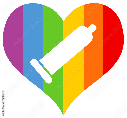 Rainbow heart of homosexual community; condom as safe protection for gays and men who have sex with men to not be infected by AIDS, HIV or other sexually transmitted disease and infection