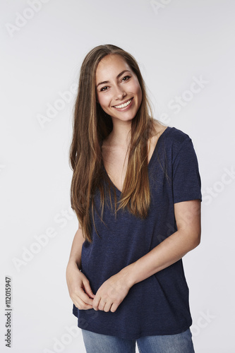 Beautiful woman in blue t-shirt, smiling