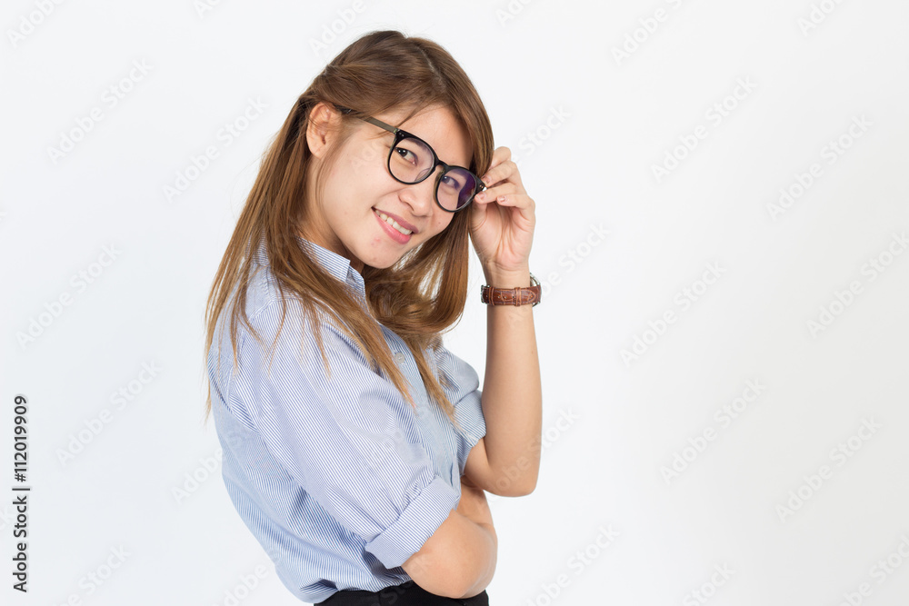 Beautiful asian woman wear glasses in office life uniform