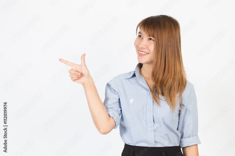 Young asian office women indicate side space Young asian office women indicate side space