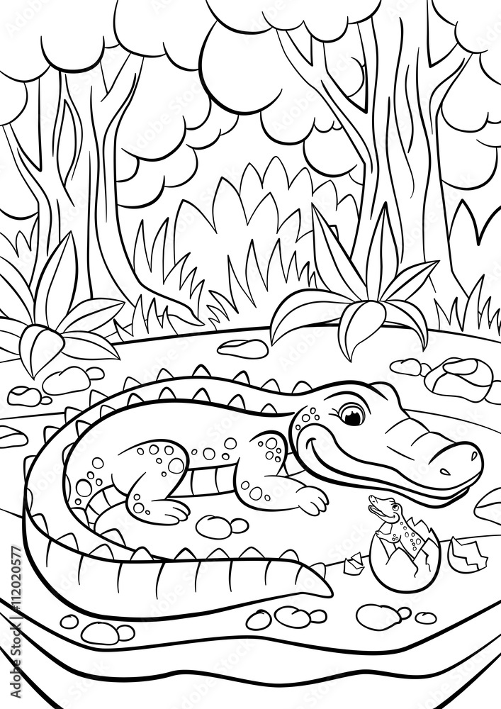 Fototapeta premium Coloring pages. Animals. Mother alligator looks at her little cute baby alligator in the egg.