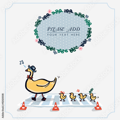 Yellow Duck in A Row. Mother Duck and Ducklings Cross the Road Isolated Illustration Vector.