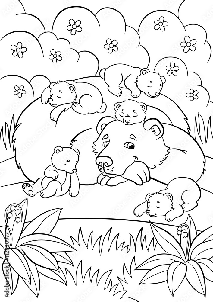 Coloring pages. Wild animals. Kind bear looks at little cute baby bears. Coloring pages. Wild animals. Kind bear looks at little cute baby bears.