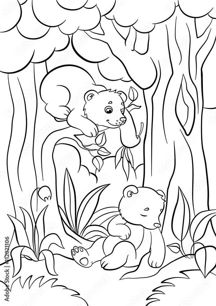 Naklejka premium Coloring pages. Wild animals. Two little cute baby bears in the forest.