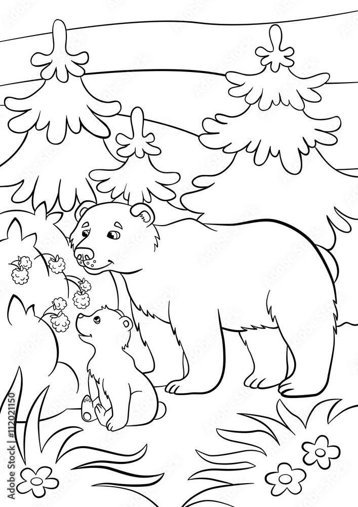 Obraz premium Coloring pages. Wild animals. Kind bear and little cute baby bear look at the raspberry.