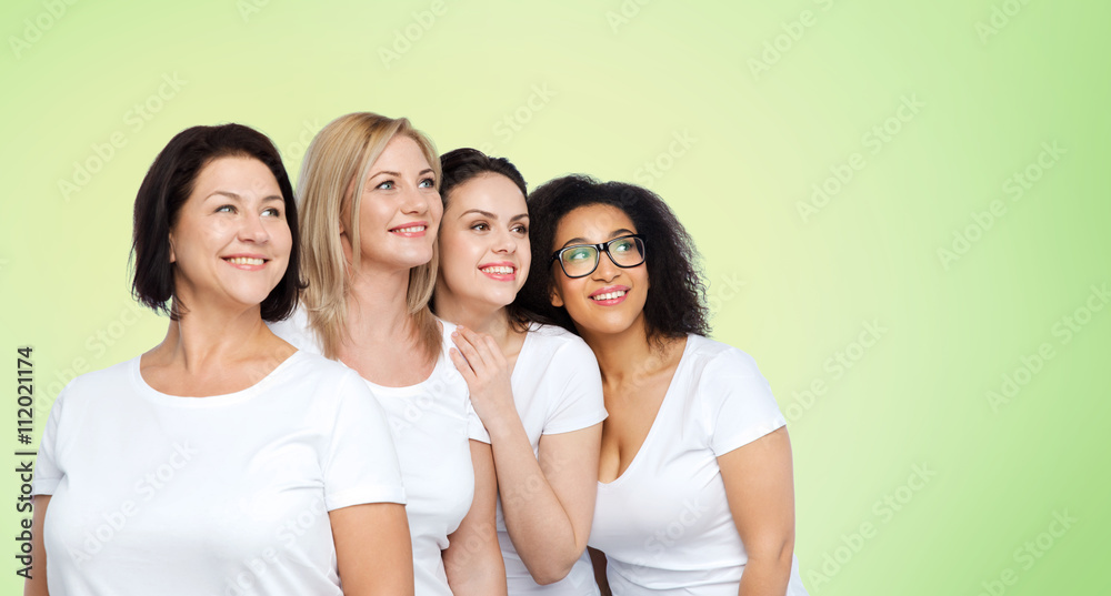 group of happy different women in white t-shirts