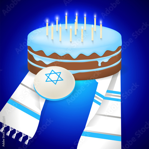 Jewish bar mitzvah  illustration with kipa, tallit and cake with 13 candles.