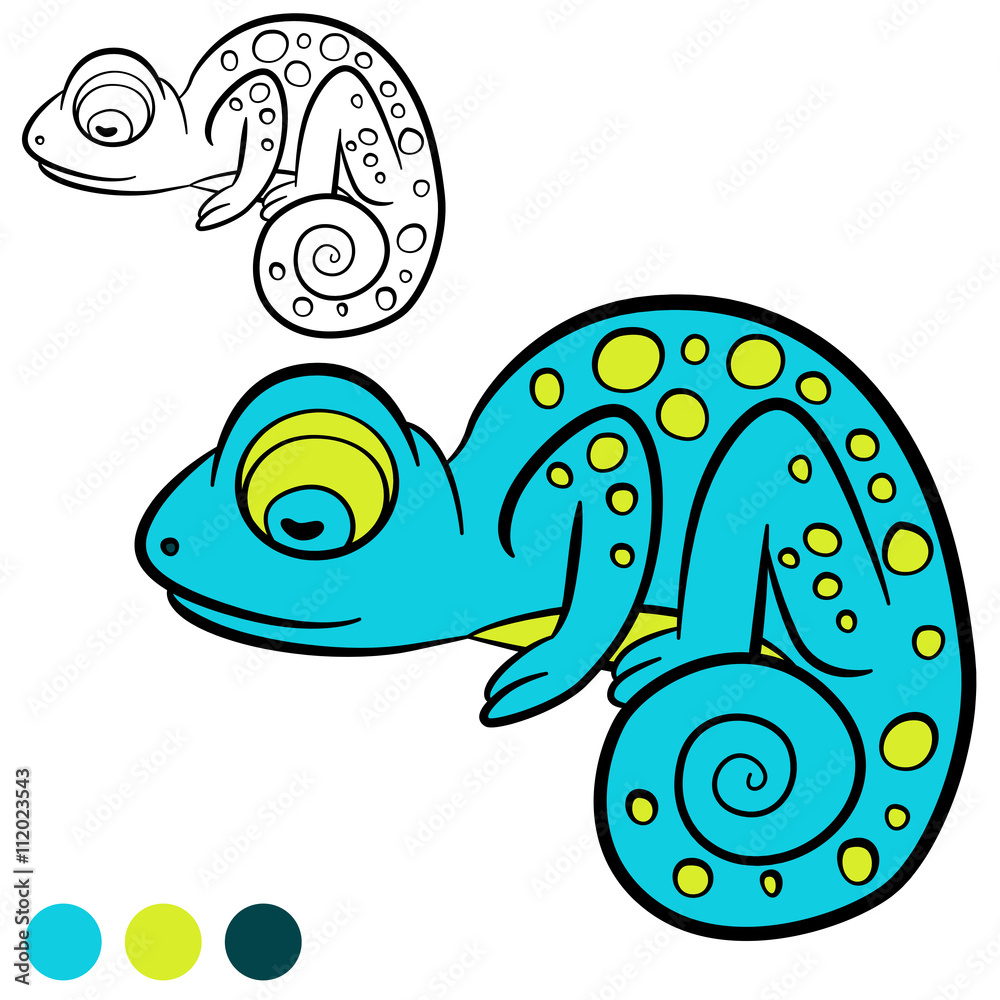 Coloring page. Color me: chameleon. Little cute blue chameleon.