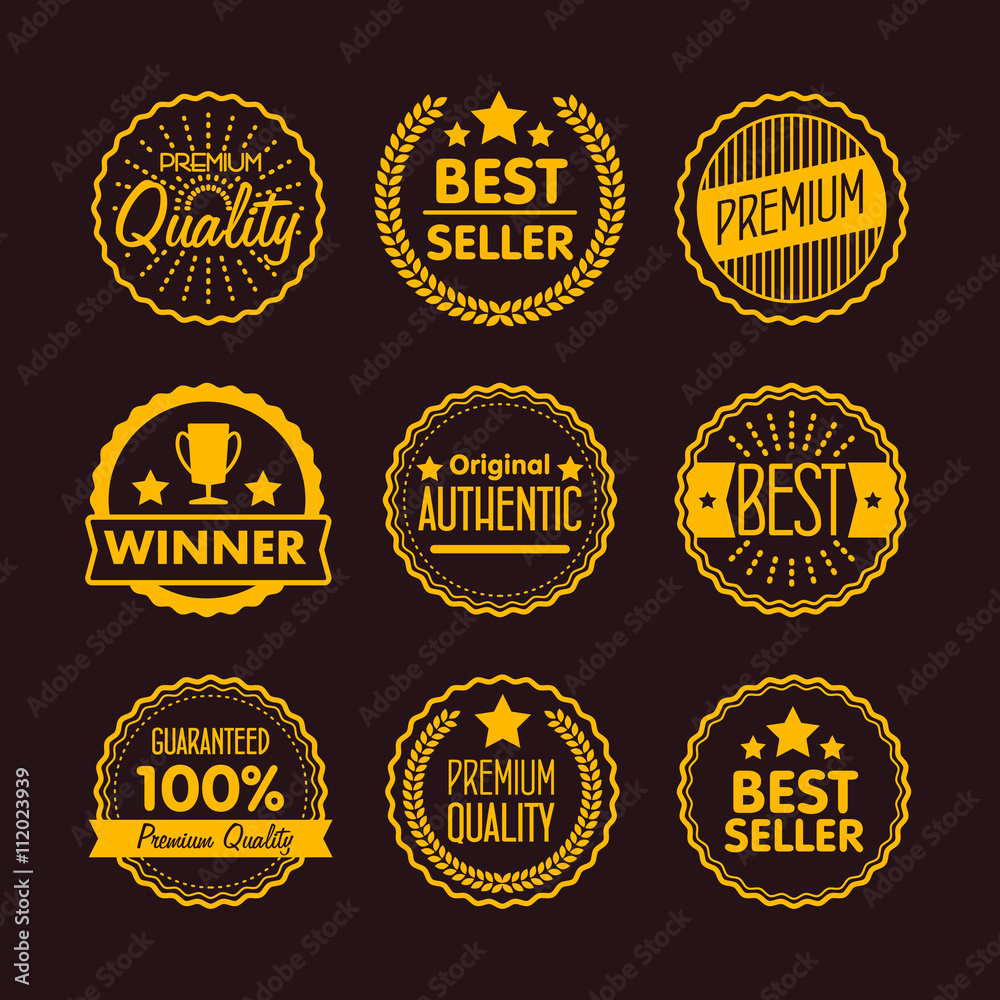 Collection of Premium Quality, Guarantee Labels, Best Seller and Winner icon with retro vintage styled design. Outline symbol collection. Stroke vector logo concept for web graphics. 