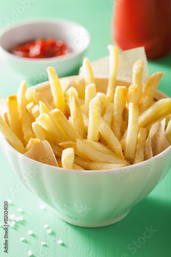 french fries with ketchup over green background