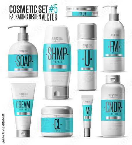 Cosmetic brand template. Vector packaging. Body care product. Oil, lotion or soap, shampoo, cream. Realistic bottle mock up set. Isolated pack on white background.