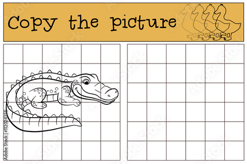 Children games: Copy the picture. Little cute alligator.