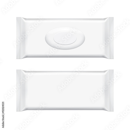 Blank packaging wet wipes isolated on white background. Foil cosmetic bag. Package template. Realistic 3d mockup. Plastic pack template. Ready for design. Vector illustration.