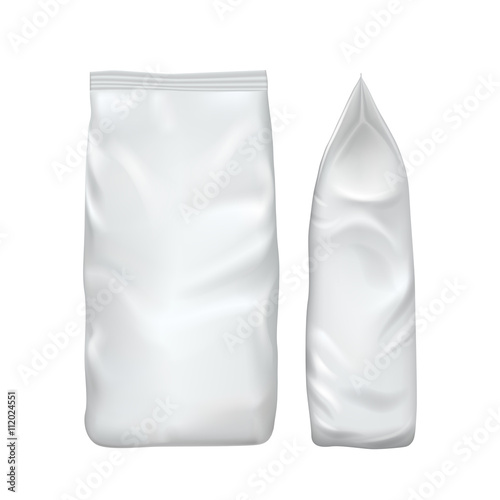 Blank packaging isolated on white background. Foil food snack bag for coffee, chips. Package template. Realistic 3d mockup. Plastic pack template. Ready for design. Vector illustration.
