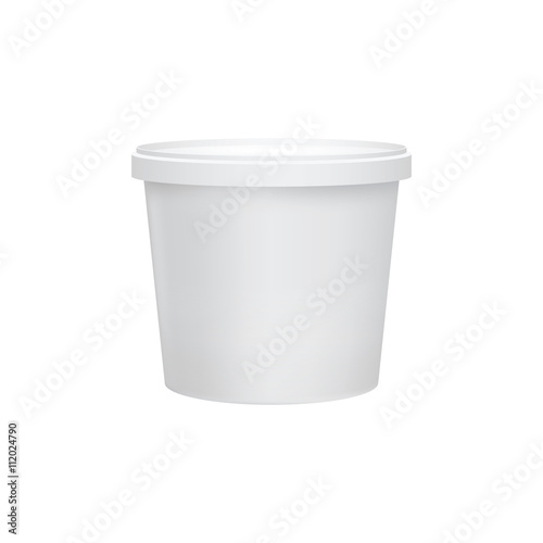 Yogurt container isolated on white background. Blank box ice cream or dessert. Plastic container for liquid milk products. 3d realistic packaging. Vector illustration.