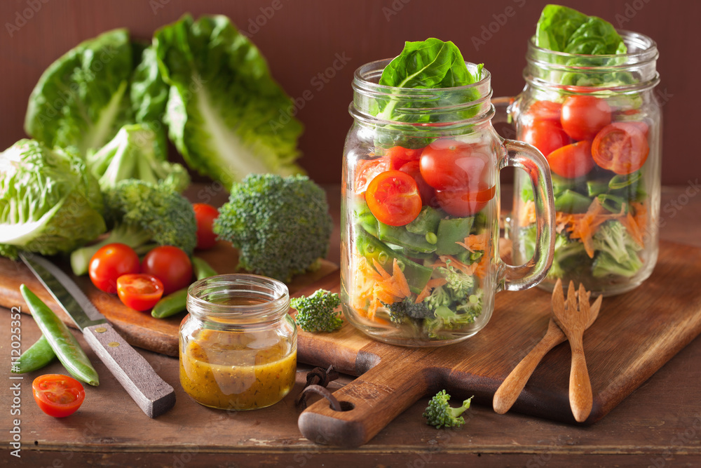 healthy vegetable salad in mason jar. tomato, broccoli, carrot, healthy vegetable salad in mason jar. tomato, broccoli, carrot,