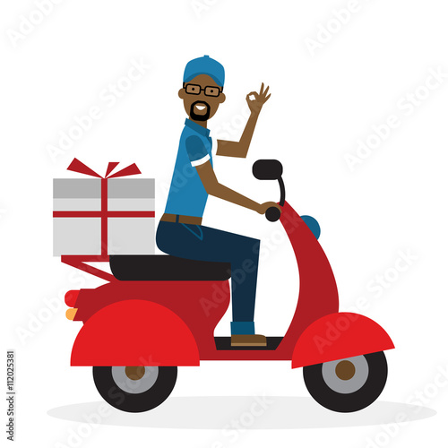 Delivery man on scooter. Fast transportation. Isolated african american cartoon character on white background. Postman  courier with parcel on motorbike.