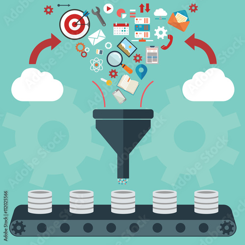 Flat design illustration concepts for creative process, big data filter, data tunnel, analysis concept