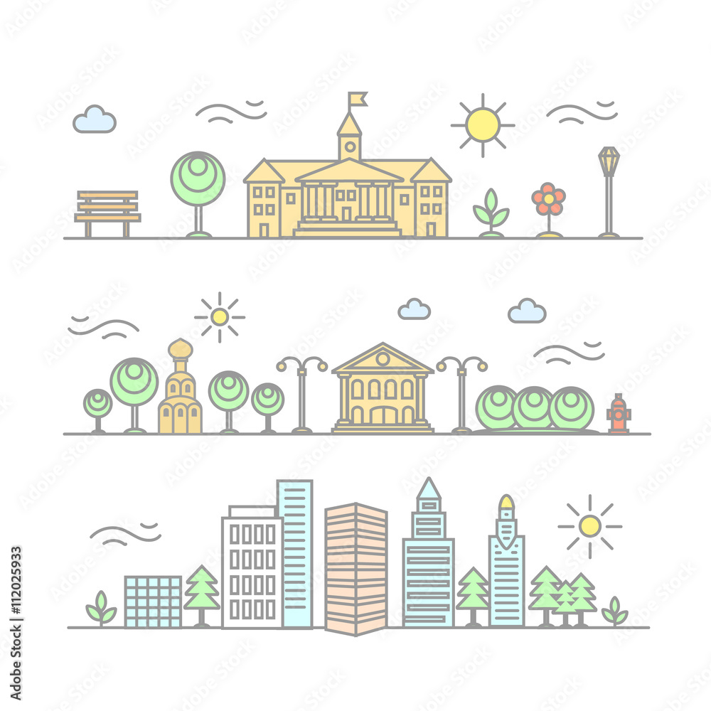 Vector linear city illustration in trendy style, mono line buildings
