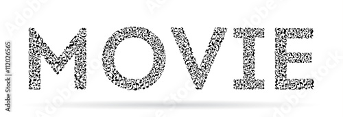 Word made of musical notes on white background. Black notes pattern. Black and white design. Word movie shape. Poster and decoration idea.
