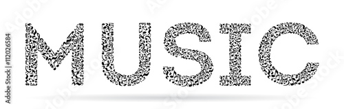 Word made of musical notes on white background. Black notes pattern. Black and white design. Word music shape. Poster and decoration idea.