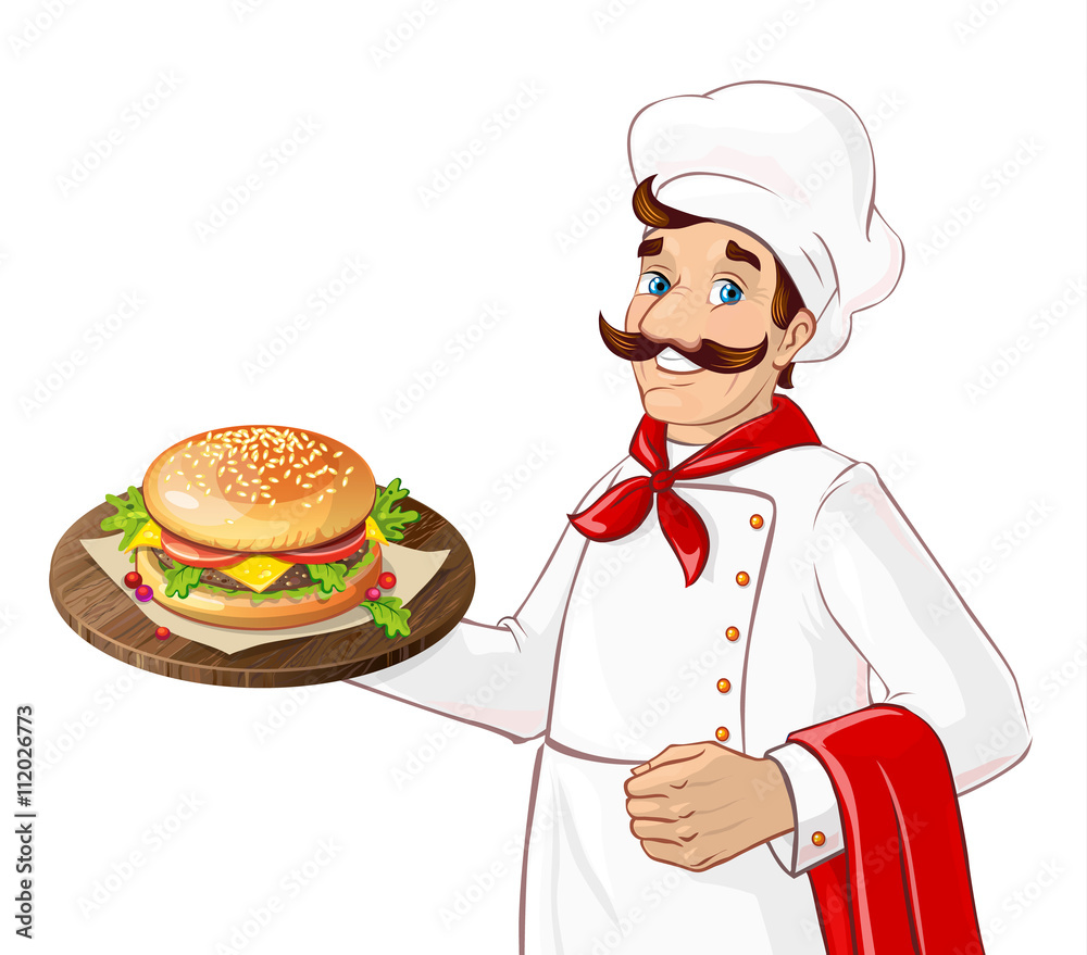 Chef holding burger on a tray. Isolated character on white background. Man serving in a restaurant, cafe. Chef holding burger on a tray. Isolated character on white background. Man serving in a restaurant, cafe.