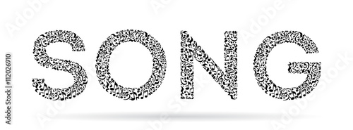 Word made of musical notes on white background. Black notes pattern. Black and white design. Word song shape. Poster and decoration idea.