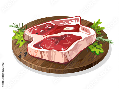 Meat on wooden plate. Isolated food on white background. Pork or beef raw meat. Restaurant meal.