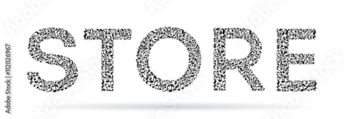 Word made of musical notes on white background. Black notes pattern. Black and white design. Word store shape. Poster and decoration idea.