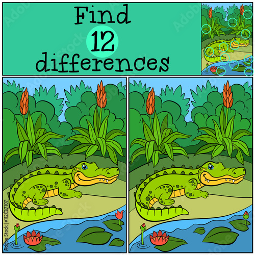 Children games: Find differences. Little cute alligator.