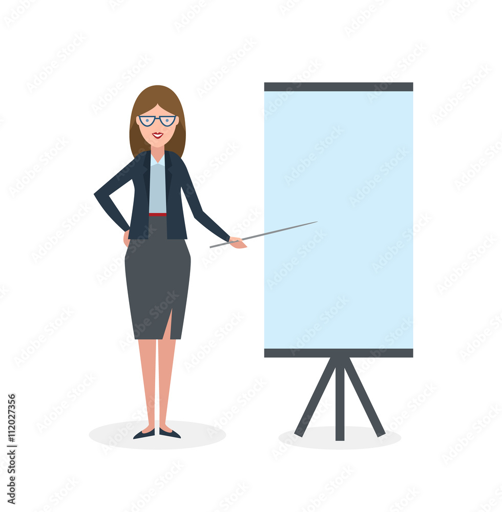 Businesswoman with pointer and easel board on white background. Teacher or businesswoman showing and presenting. Office person. Businesswoman with pointer and easel board on white background. Teacher or businesswoman showing and presenting. Office person.