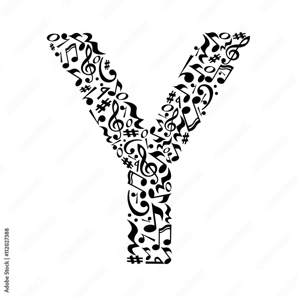 Y letter made of musical notes on white background. Alphabet for art school. Trendy font. Graphic decoration.