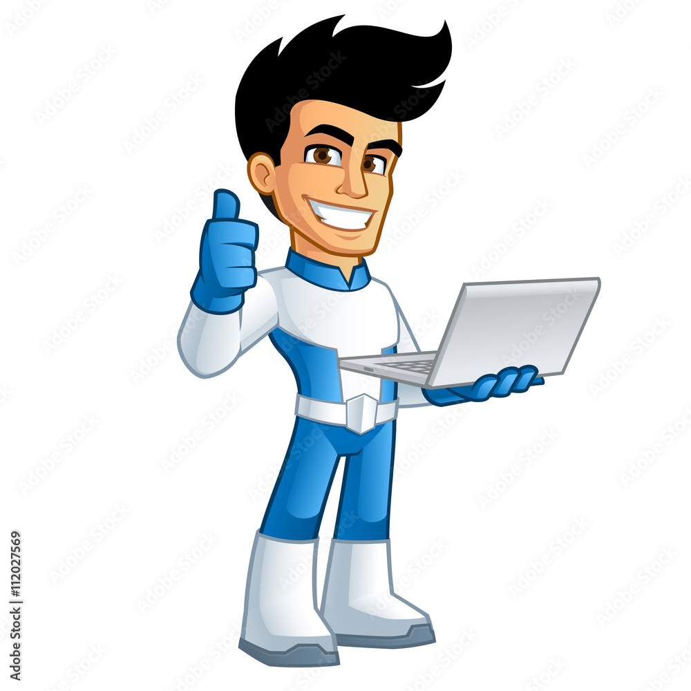 Héroe con un ordenador portátil en la mano