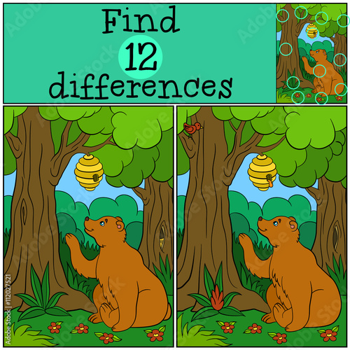 Children games: Find differences. Cute bear looks at the beehive with honey.