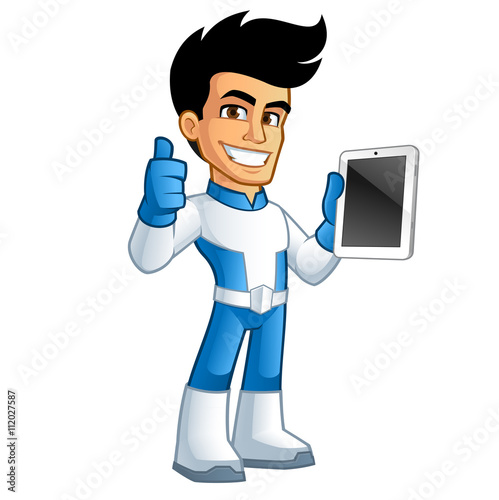 Héroe con una tablet en la mano