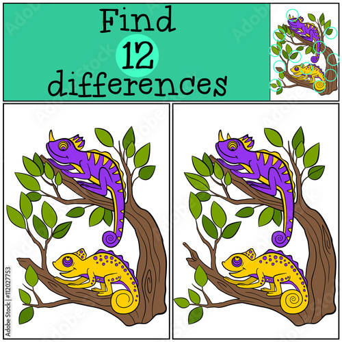 Children games: Find differences. Two little cute chameleons sit on the tree branch.