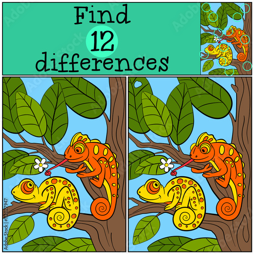 Children games: Find differences. Two little cute chameleons sit on the tree branch.