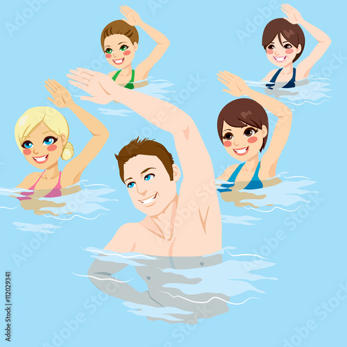 Small group of people making aqua gym exercises with hands up at swimming pool