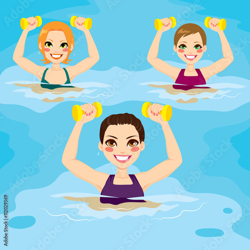 Small group of women making aqua gym exercises with dumbbells at swimming pool