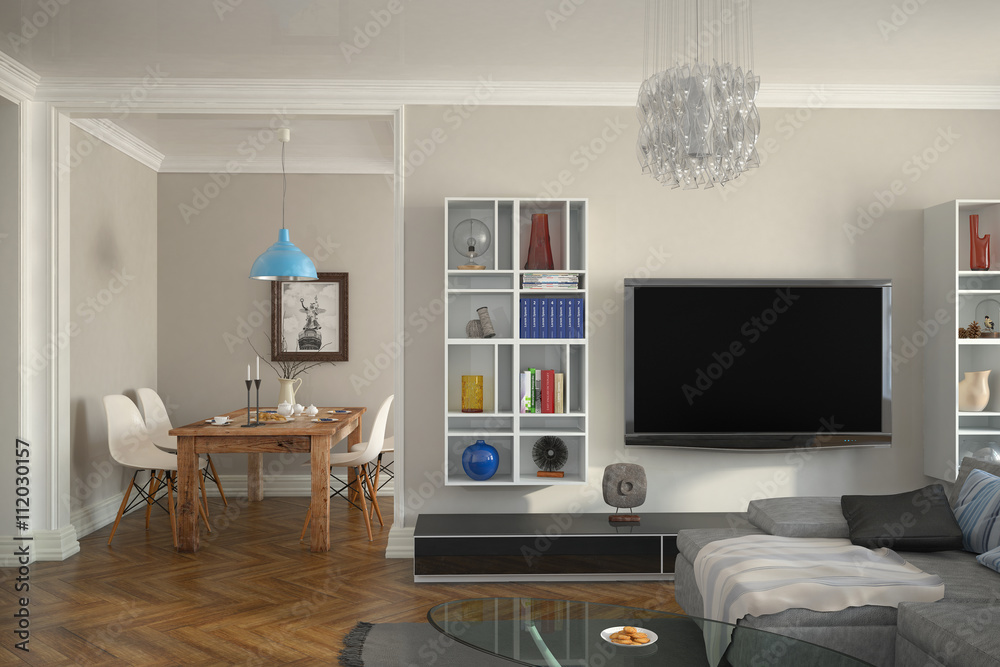 Samolepka Modern eingerichtete Altbauwohnung mit Wohnzimmer und Esszimmer