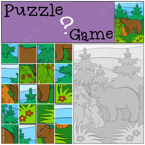 Education games for kids. Puzzle. Daddy bear with his little cute baby bear looks at the raspberry.