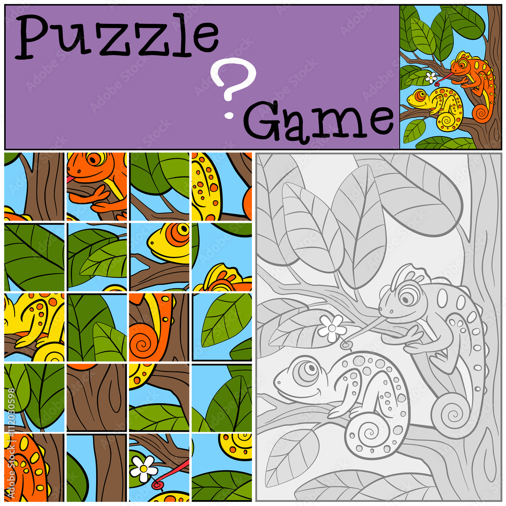 Education games for kids. Puzzle. Two little cute chameleons. Stock ...