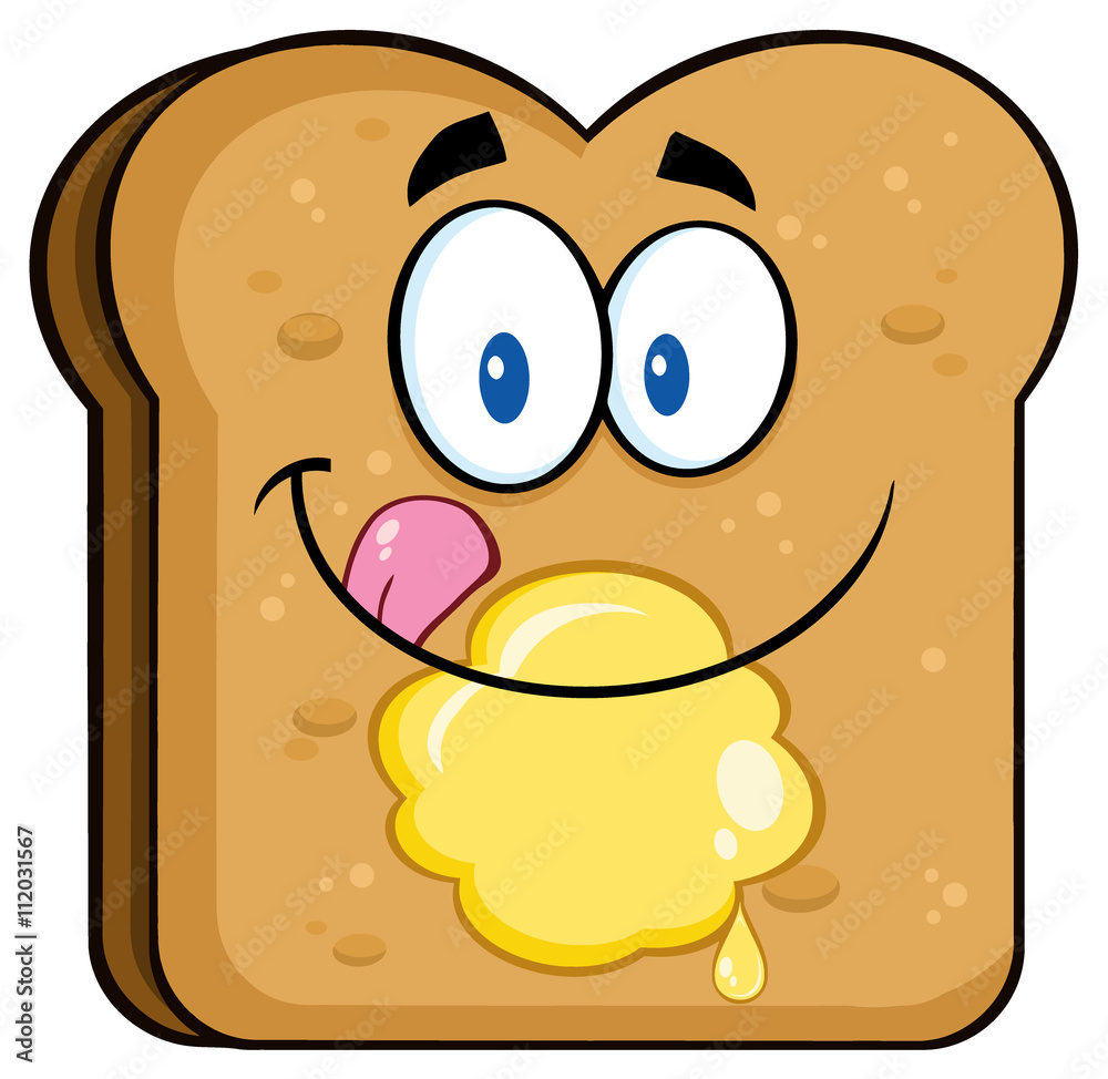 Happy Toast Bread Slice Cartoon Character Licking His Lips With Butter