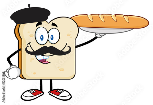 Bread Slice Cartoon Character With Baret And Mustache Presenting Perfect French Bread Baguette